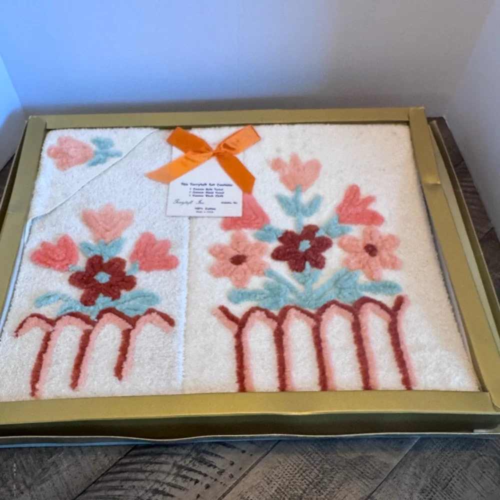 Vintage Terrytuft Cannon Bath Towel‎ Wash Hand Towel Set Floral Chenille New